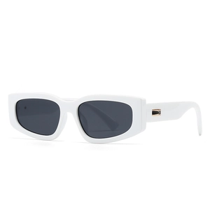 Retro rectangle thick frame sunglasses in white with dark grey lenses and gold accents