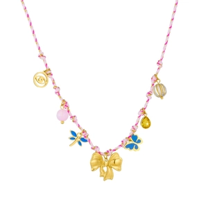 Bohemian pink woven necklace with gold charms including bow, butterflies and eye pendant