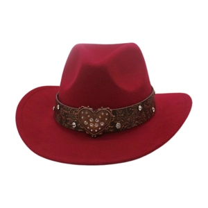 Detail of burgundy wool cowboy hat featuring a heart-shaped metal buckle and studded band