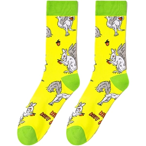 Detail view of yellow cotton socks with green accents and squirrel nut pattern print