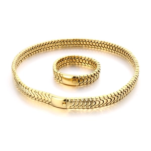 Polished golden stainless steel jewelry set featuring scale texture necklace and ring
