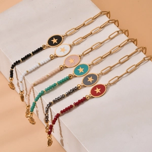Set of 6 bohemian stainless steel star charm bracelets with colorful crystal beads
