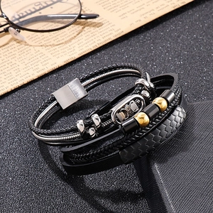 Multi-layer braided leather bracelet for men with stainless steel magnetic clasp