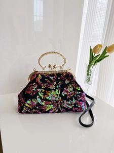 Vintage sequined shell bag with golden hollow handle and adjustable leather strap