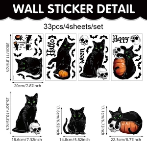 Set of 33 Halloween wall decals featuring black cats, pumpkins, bats, and skulls