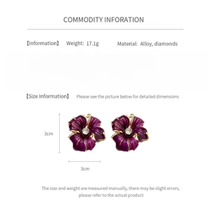 Detail view of purple flower earrings with alloy and diamond material specs and dimensions
