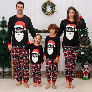 Christmas Santa Claus Letter Print Family Pajamas Long Sleeve Top And Pants Polyester Comfortable Holiday Home Wear
