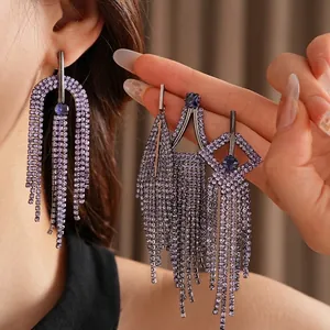 Elegant geometric fringe earrings with purple rhinestones and long tassels for women