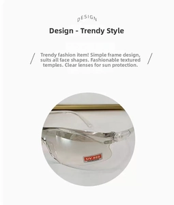 Detail of transparent safety glasses with UV 400 protection and impact resistant lens