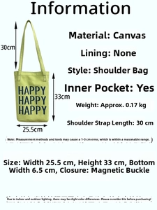 Detail view of grass green canvas tote bag dimensions and magnetic closure specs