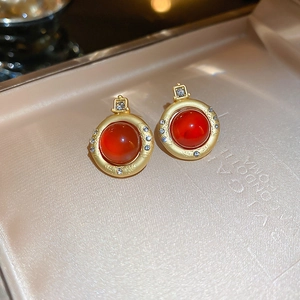 Boucles Oreilles Clous Agate Rouge Rond Alliage Strass Géométrique Vintage Français Avec Silver Earring Post