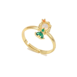 Adjustable gold ring featuring a white moonstone and green teardrop zircon accents