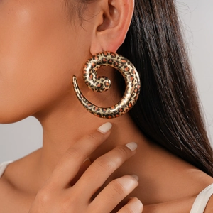 Stylish oversized leopard print spiral earrings with a geometric snake-inspired curved shape