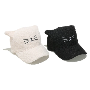 Winter cat ear baseball cap in beige and black fuzzy sherpa fleece for women