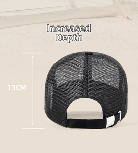 Detail der schwarzen Mesh-Trucker-Kappe mit 13 cm Tiefe und atmungsaktivem Stoff