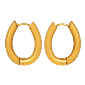 Polished gold vintage oval huggie hoop earrings for women in stainless steel