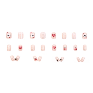 Lot de 24 faux ongles courts ronds avec motifs chat, cerise et ruban pour femmes