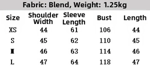 Detailed size chart for women's faux fur jacket with XS to L measurements and material specs