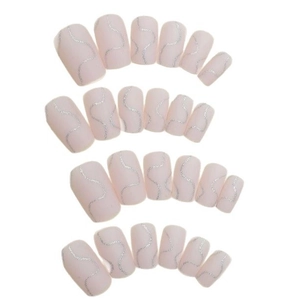 24pcs long rectangular press-on nails with pink matte base and silver glitter marble lines