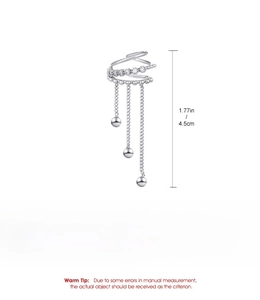 Detail showing dimensions of silver ear cuff with long chain tassels and rhinestones