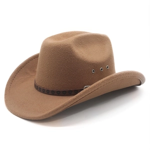 Detail of warm brown felt cowboy hat with leather band, floral pattern and metal eyelets