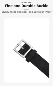 Detail of matte silver zinc alloy square buckle on black minimalist PU leather belt