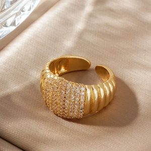 Adjustable gold plated geometric wide band ring with sparkling cubic zirconia pavé
