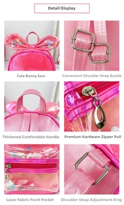 Detail view of pink holographic backpack with rabbit ears and star sequin pocket