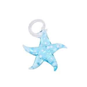 Blue 3D glass starfish pendant with white polka dots and transparent hanging loop