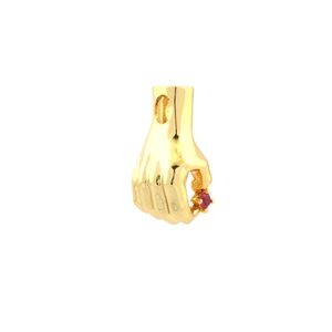 Detail of 18k gold plated copper palm pendant with micro-inset red zircon stone