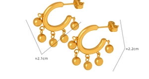 Detailed size view of gold C-shaped earrings with hanging beads measuring 2.1cm by 2.2cm