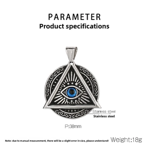 Detailed view of the Evil Eye pendant with Celtic knot patterns and 38mm size specs
