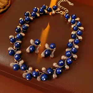 Vintage Jewelry Alloy Rhinestone Resin Blue Beads Necklace Earrings With Silver Earring Post Byzantine Style For Women