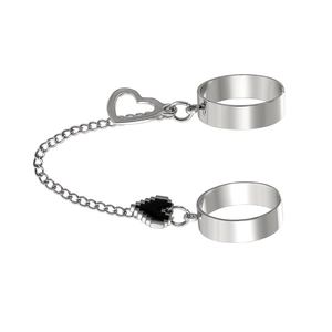 Silver punk double ring connected by chain with hollow and black pixel heart charms