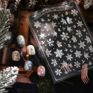 Winter laser snowflake nail stickers KX496 featuring French style holiday nail art decals