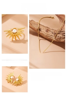 Detailed set of gold sunflower jewelry with pearls, featuring necklace, ring and earrings