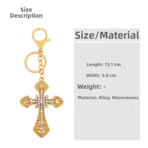 Detail showing dimensions of gold cross keychain with rhinestones, 15.1cm length