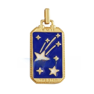 Macro detail of The Star Tarot card pendant in copper with blue enamel and zircon inlay
