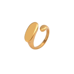 Polished golden stainless steel open ring with dual oval shapes on a white background