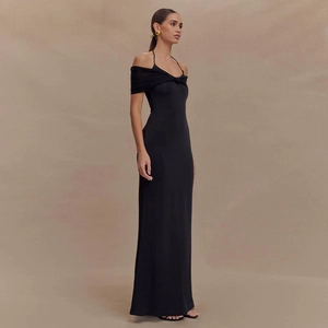 Elegant black halter off-shoulder maxi dress with mesh panels and a slim fit for women