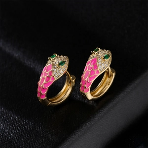 Gold snake hoop earrings with pink enamel scales and micro-pave zircon crystals