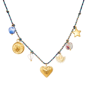 Bohemian gold plated stainless steel necklace with sun and heart charms on colorful cord
