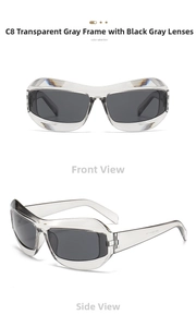 Vues frontale et latérale de lunettes de soleil Y2K enveloppantes grises avec verres noirs