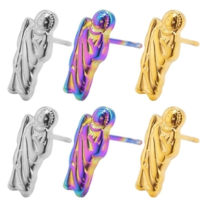 Detailed relief of Virgin Mary earrings in silver, gold, and iridescent stainless steel