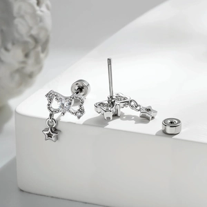 Silver bow stud earrings with zircon heart and star pendants featuring screw back closures