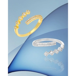 Asymmetric S925 silver open ring with square zircons and micro-pave crystals