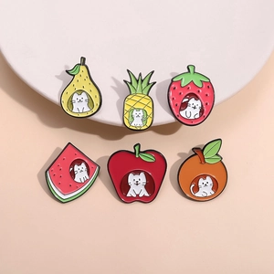 Set of six cute fruit cat enamel pins featuring apple, strawberry, and pineapple designs