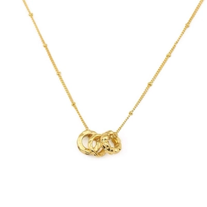 Golden stainless steel necklace featuring triple interlocking rings on a beaded chain