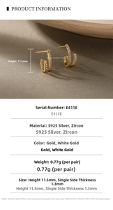 Detail view of gold-plated S925 silver C-shaped double hoop earrings with white zircon