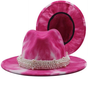 Pink and white tie-dye wool fedora hat with elegant faux pearl headband decoration